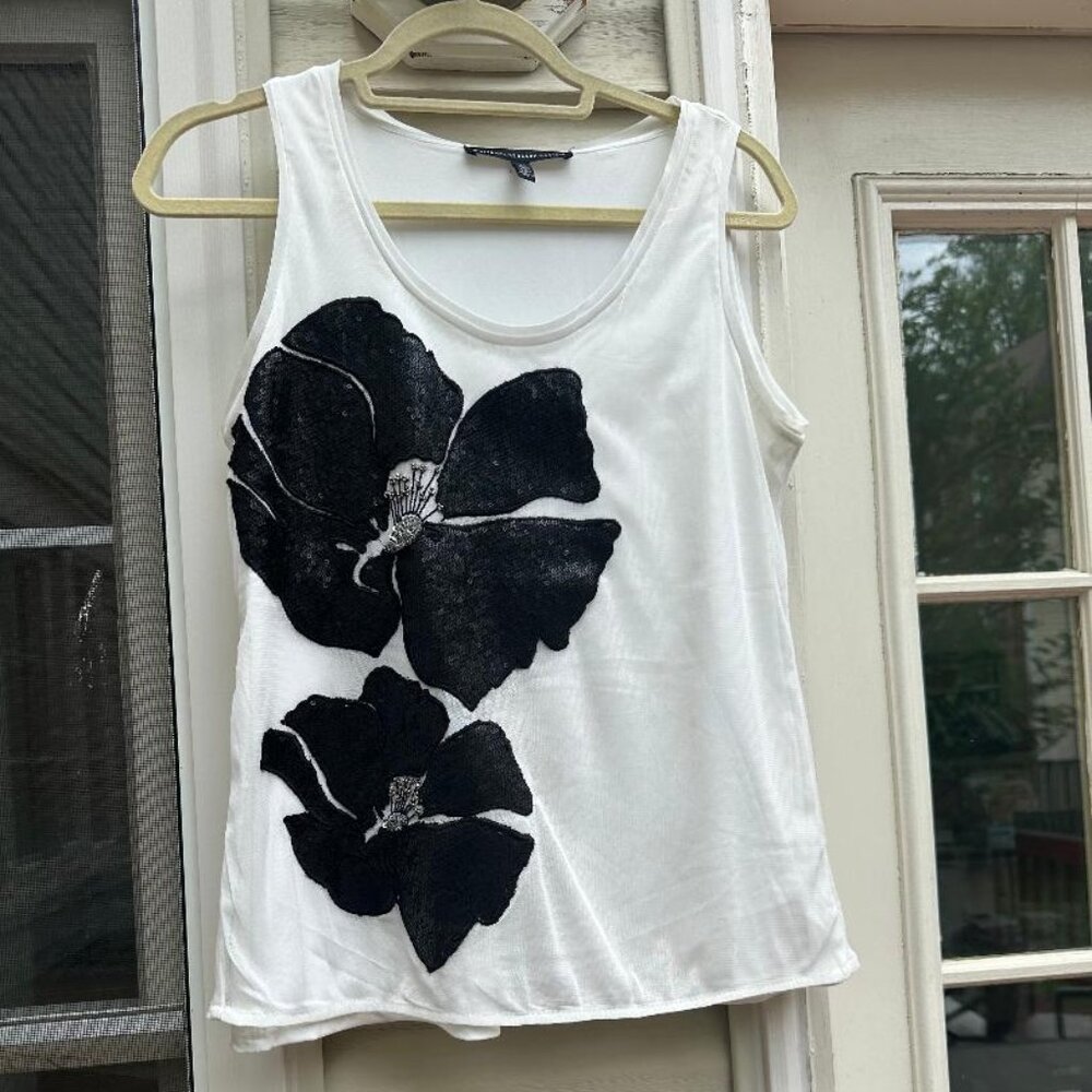 White House Black Market (WHBM) Sleeveless Top Black Sequin Flowers Accent, XS